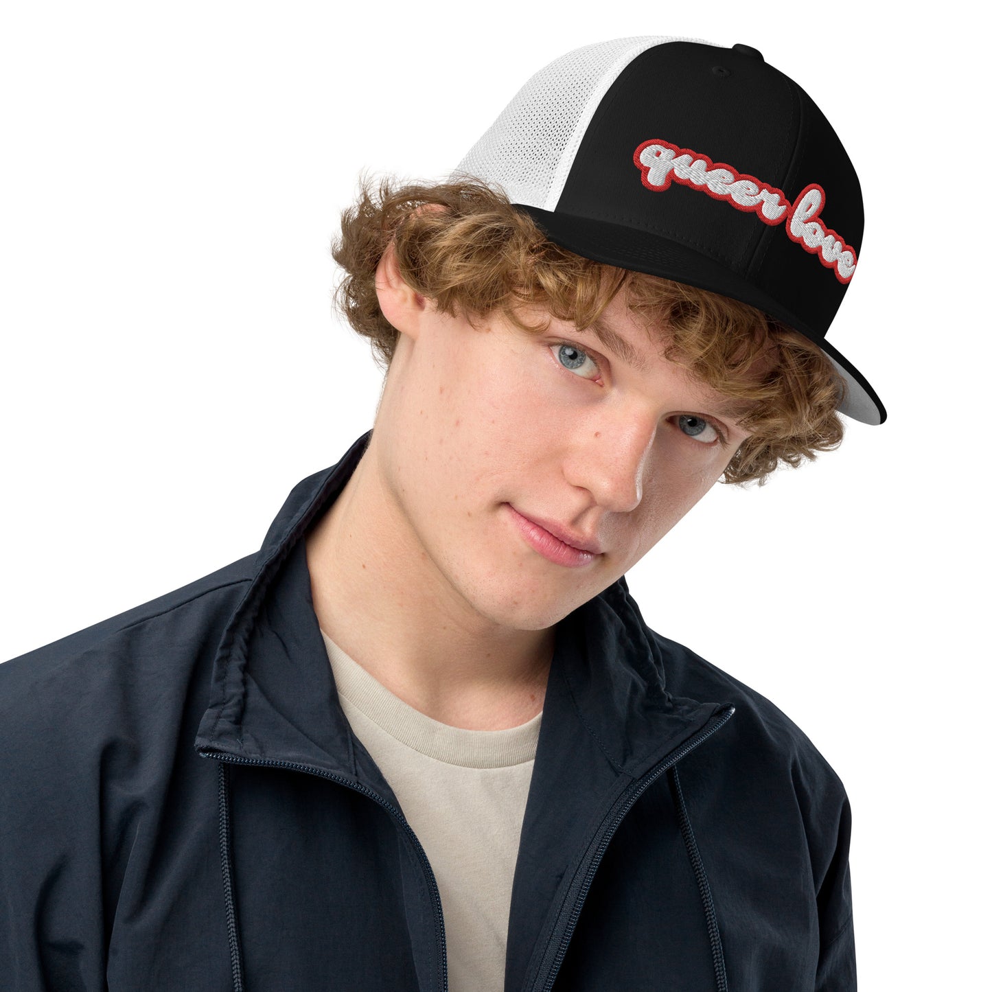 Queer Love LGBTQIA+ Closed-back Trucker Cap, gay trucker hat, womens gay trucker hats, queer trucker hat