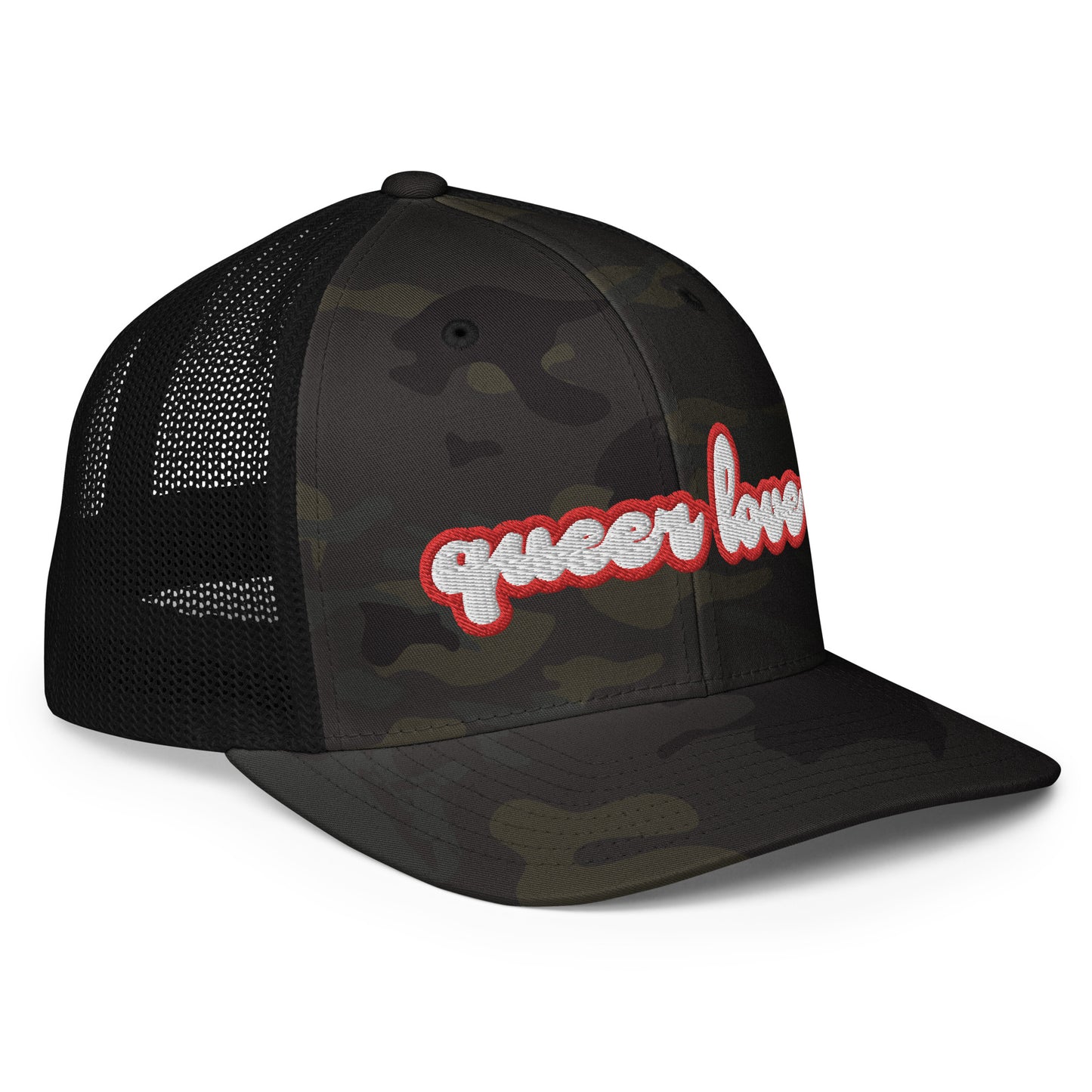 Queer Love LGBTQIA+ Closed-back Trucker Cap, gay trucker hat, womens gay trucker hats, queer trucker hat