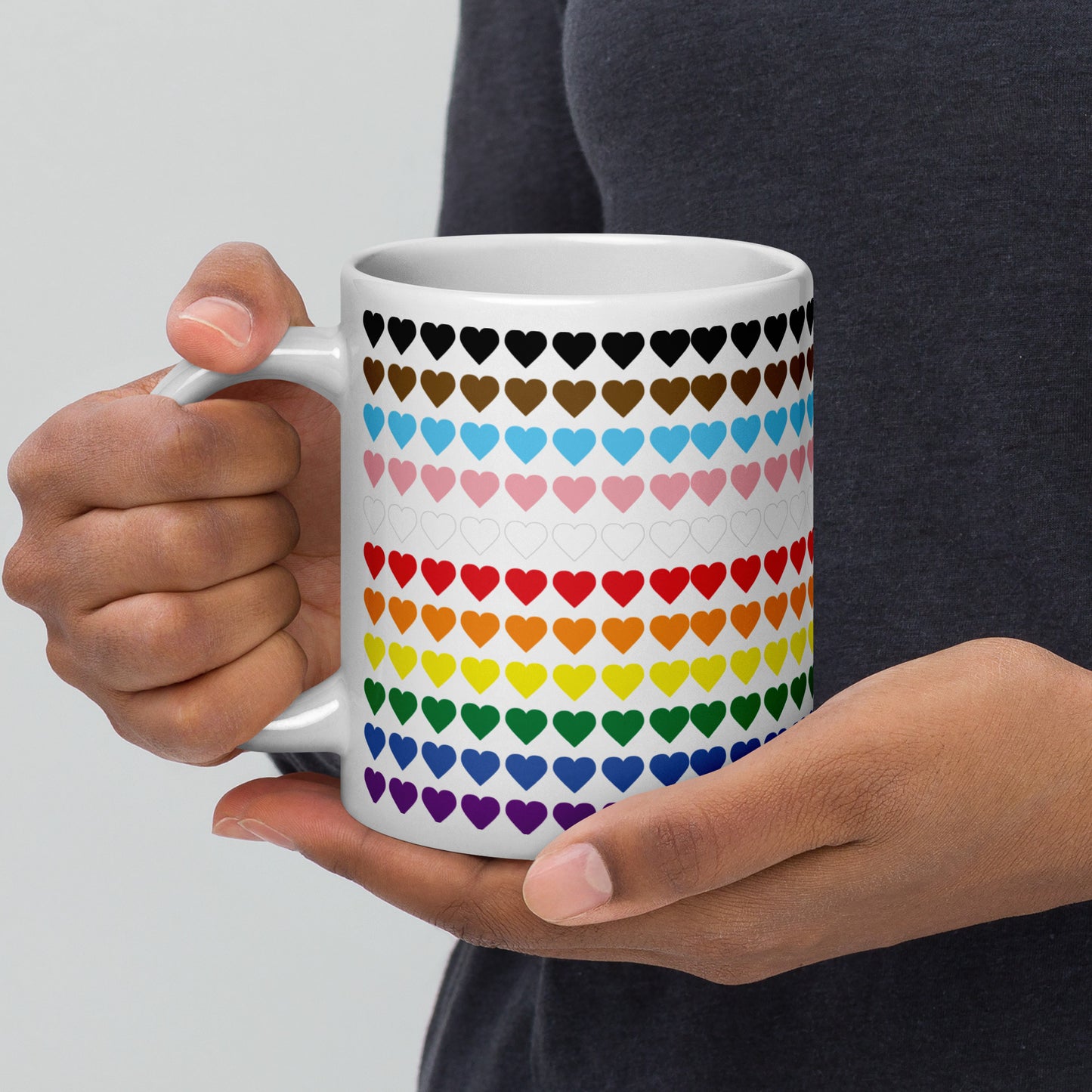 Gay Pride Rainbow Hearts Print - LGBTQIA+ Queer White glossy mug