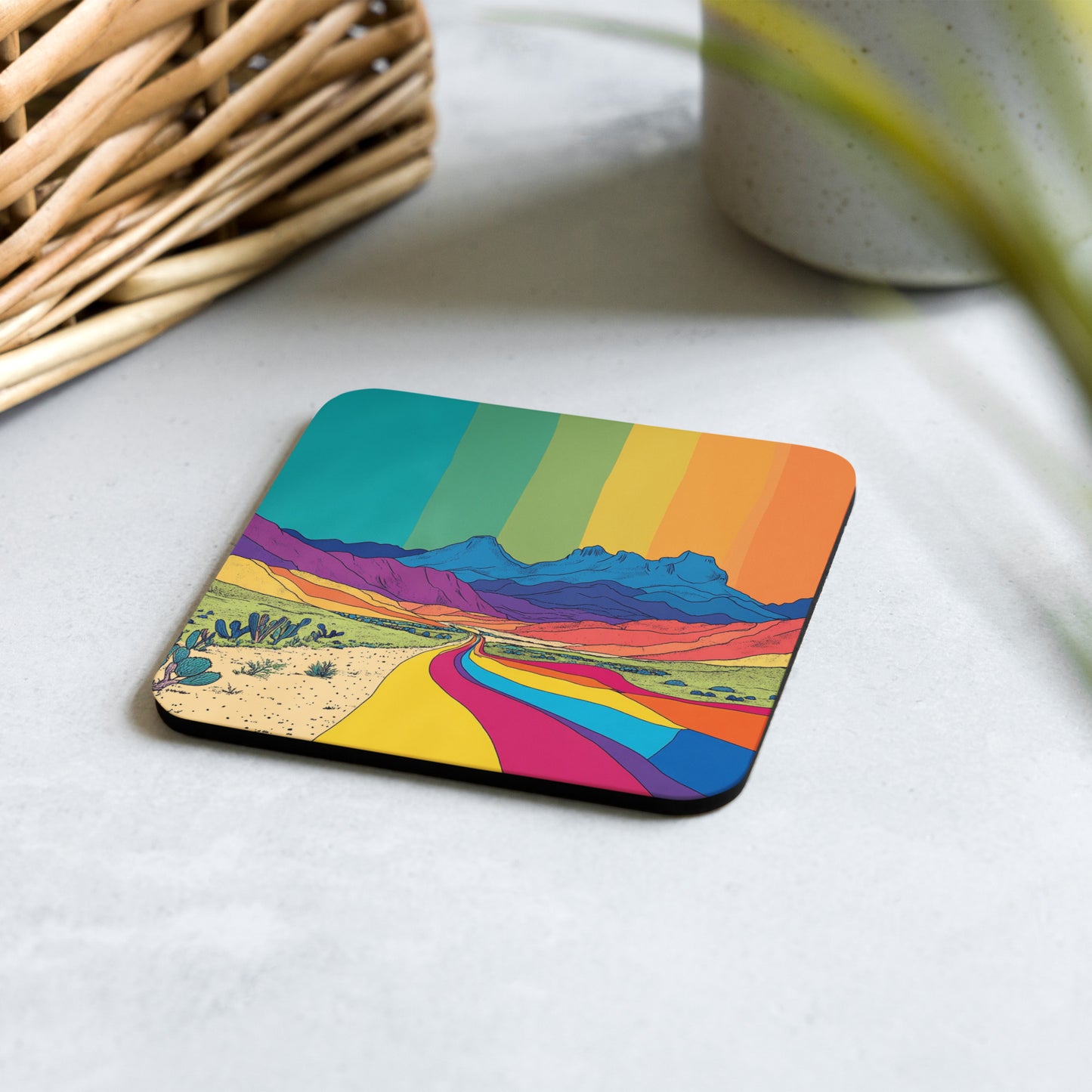 Rainbow Mountainside & Highway Scene Single Item Coaster LGBTQIA+ | One Cork-back Coaster