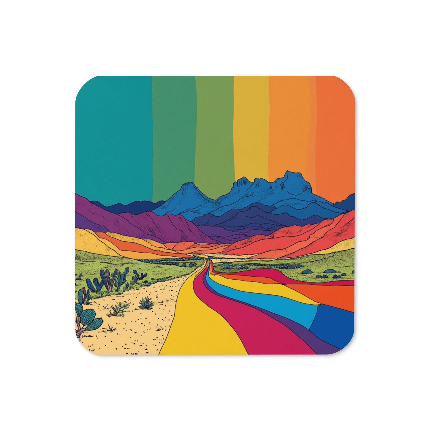 Rainbow Mountainside & Highway Scene Single Item Coaster LGBTQIA+ | One Cork-back Coaster