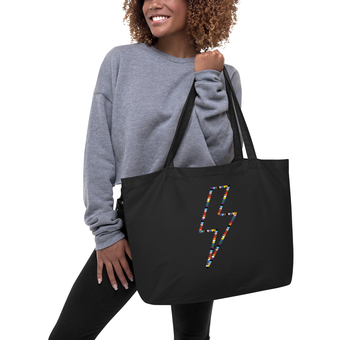 Gay Pride Lightning Bolt Rainbow Hearts - LGBTQIA+ Queer Large Organic Tote Bag