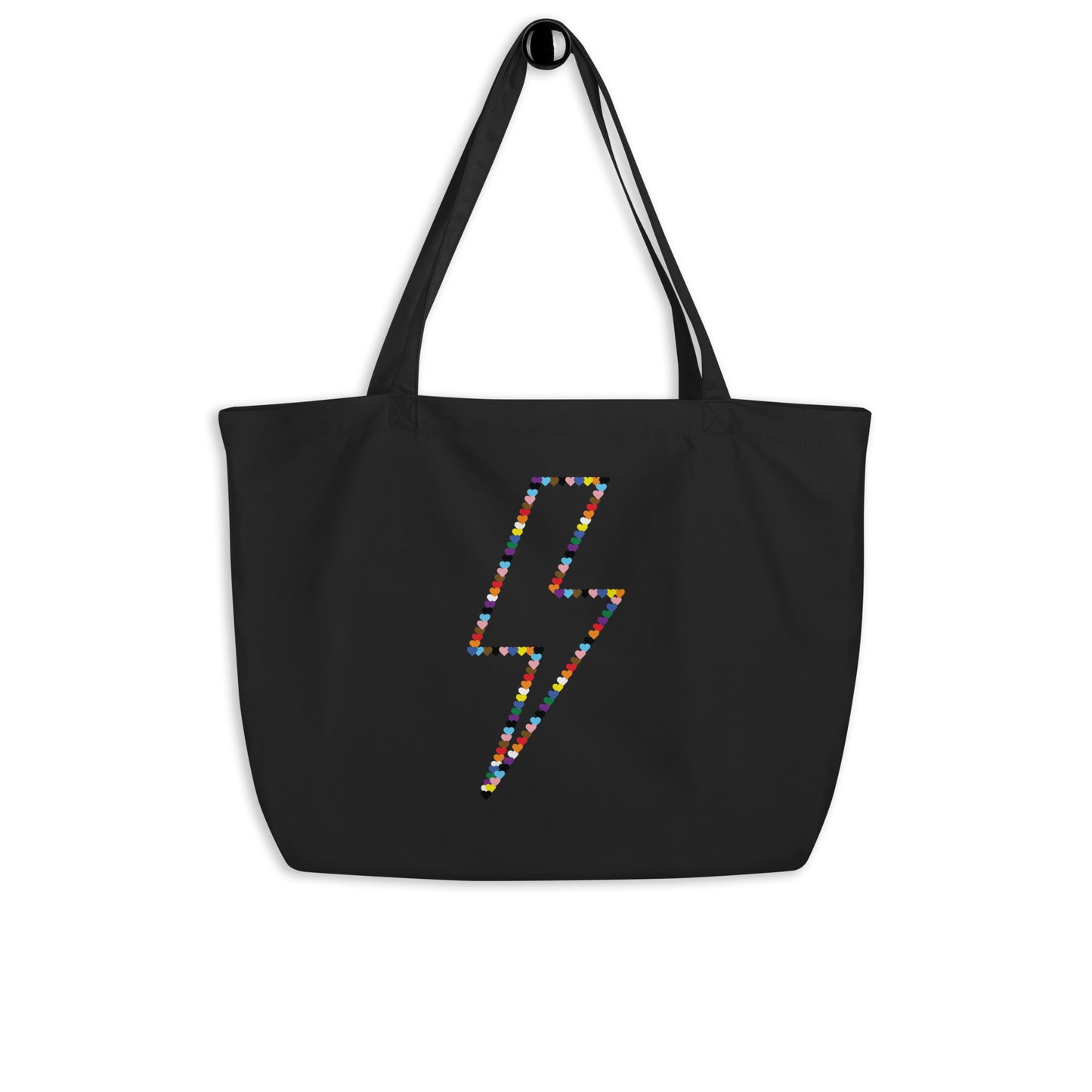 Gay Pride Lightning Bolt Rainbow Hearts - LGBTQIA+ Queer Large Organic Tote Bag