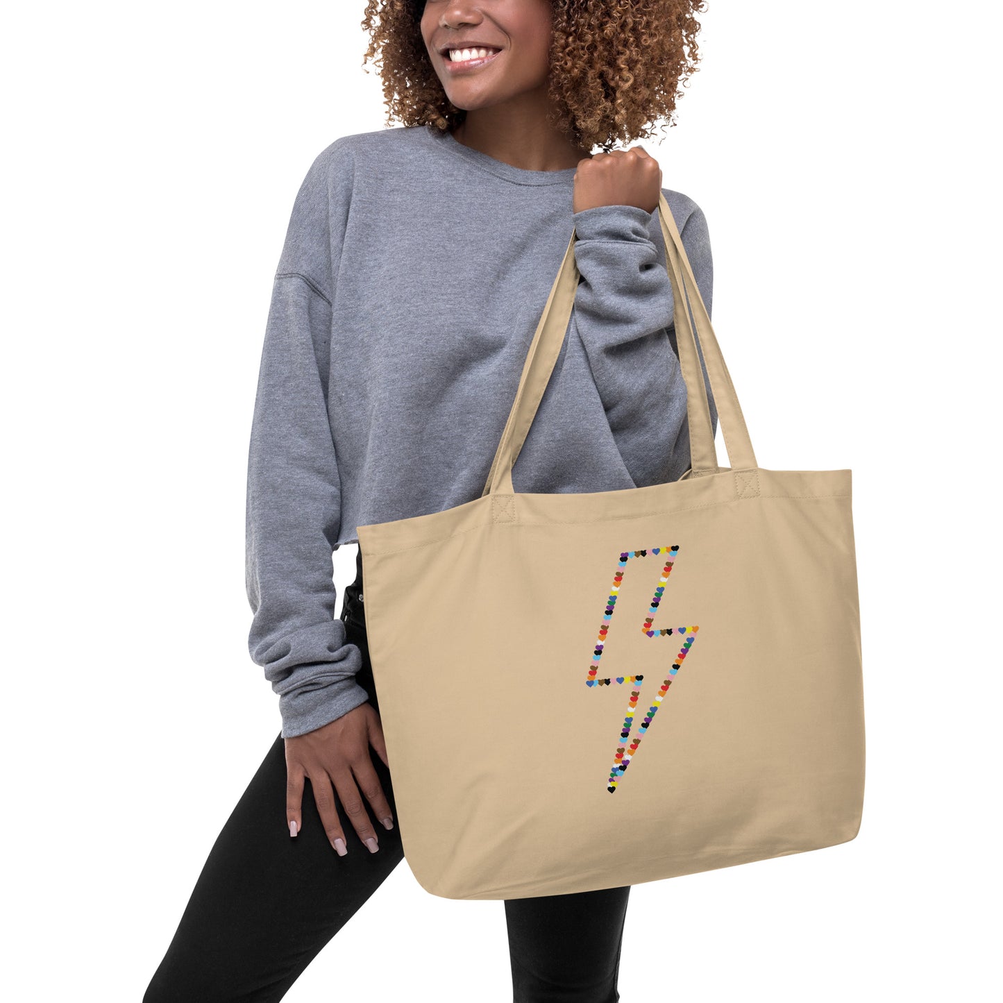 Gay Pride Lightning Bolt Rainbow Hearts - LGBTQIA+ Queer Large Organic Tote Bag