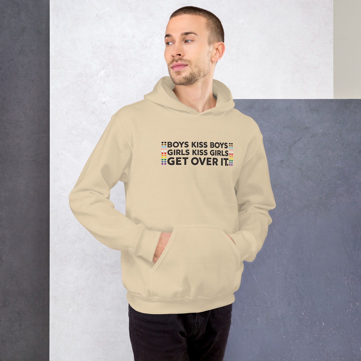 Boys Kiss Boys, Girls Kiss Girls, Get Over It Graphic Hoodie | LGBTQIA+ Queer Unisex Hoodie