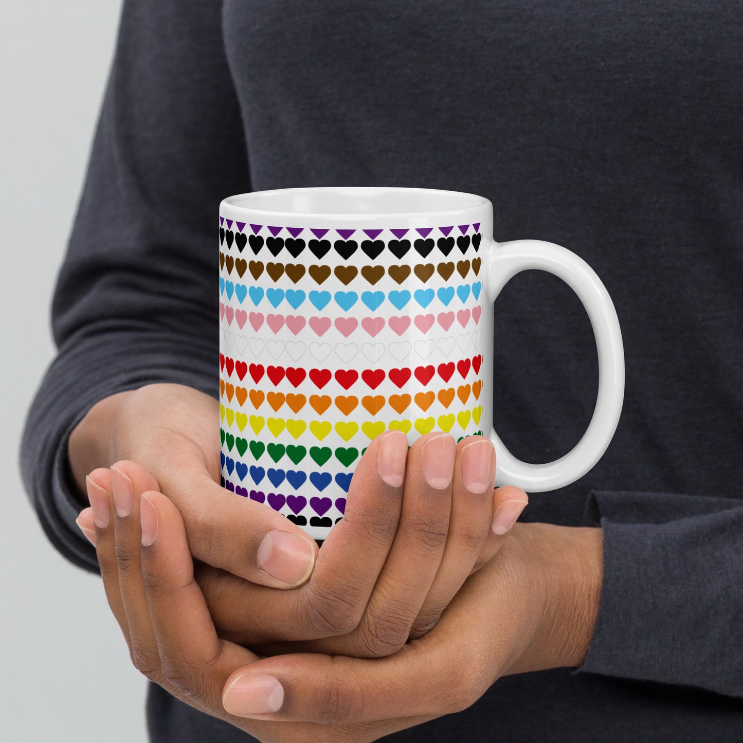 Gay Pride Rainbow Hearts Print - LGBTQIA+ Queer White glossy mug