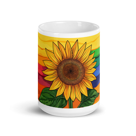 Sunflower Gay Pride Flag Artwork LGBTQIA+ | White Glossy Mug