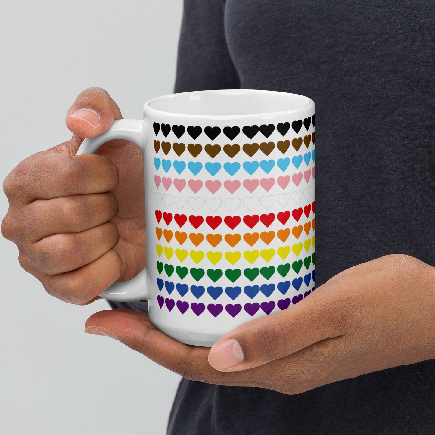 Gay Pride Rainbow Hearts Print - LGBTQIA+ Queer White glossy mug