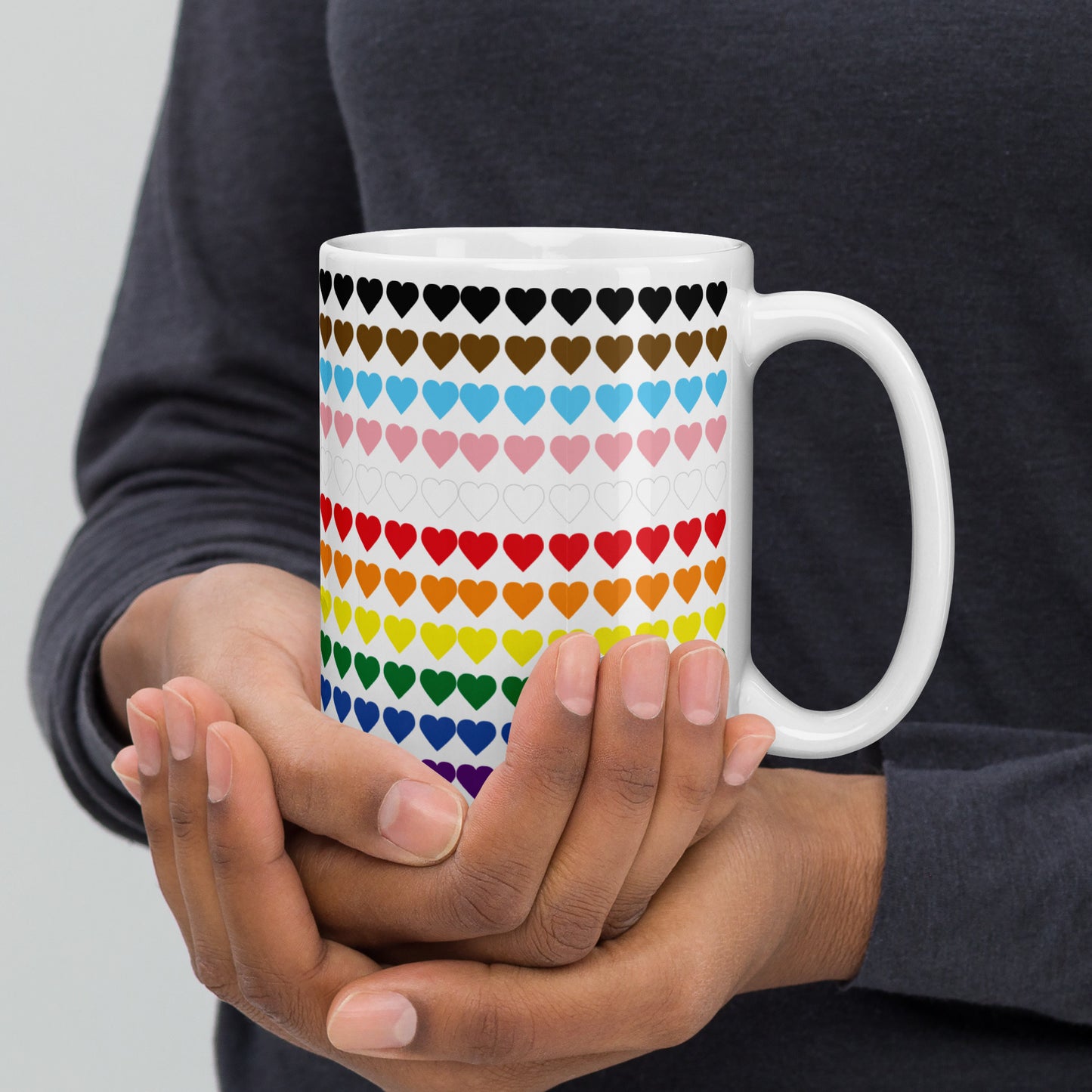 Gay Pride Rainbow Hearts Print - LGBTQIA+ Queer White glossy mug